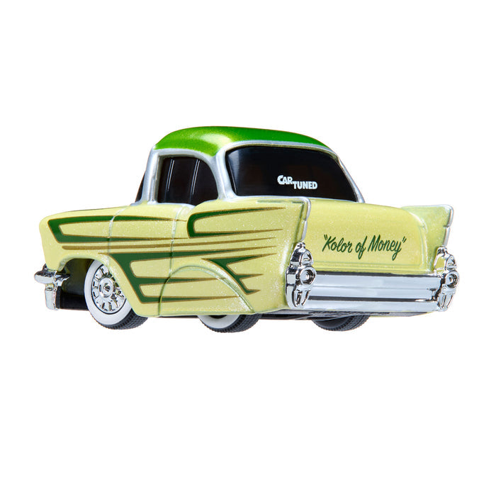 Car with green and yellow design on a white background