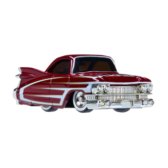 A classic red car with white stripes on a white background