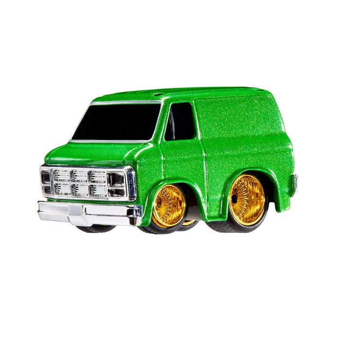 Green toy van with gold wheel rims on a white background