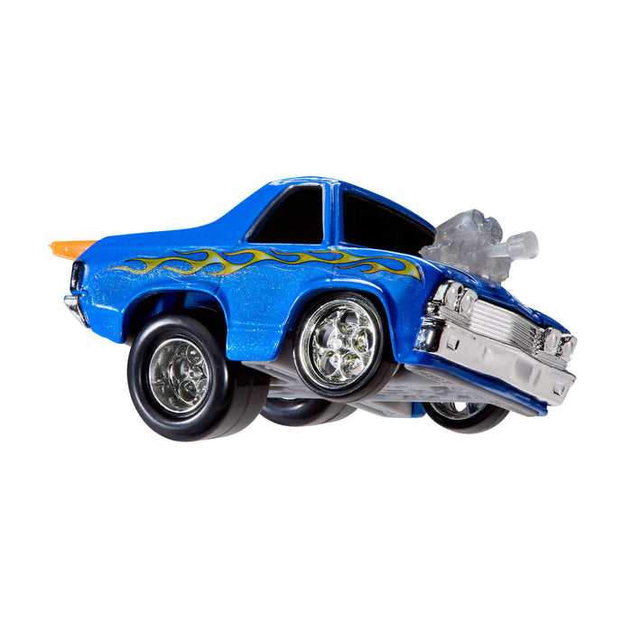 Blue toy car with flame design on a white background
