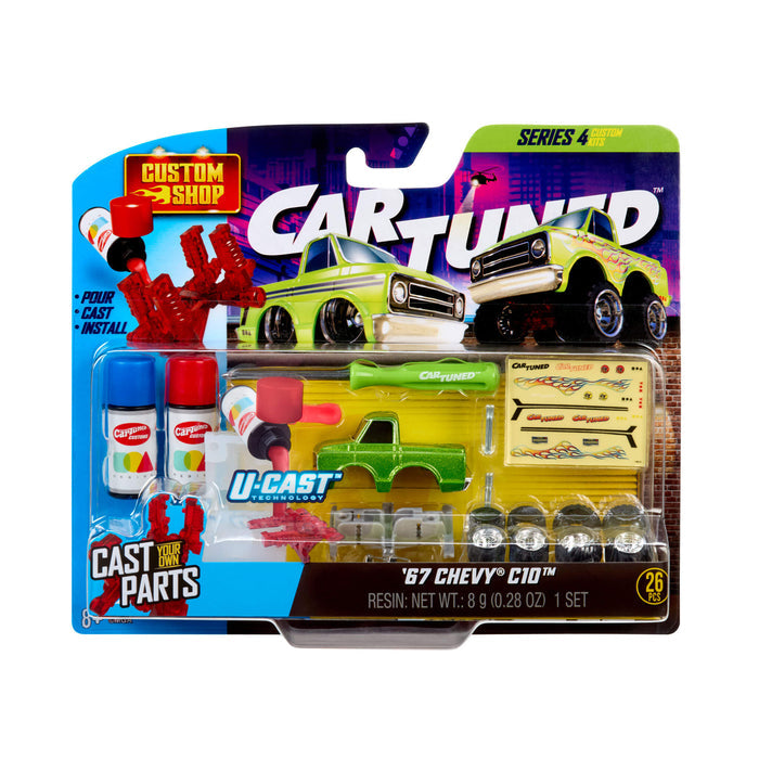 CarTuned toy, model pickup truck set packaging with green truck base and accessories on a white background