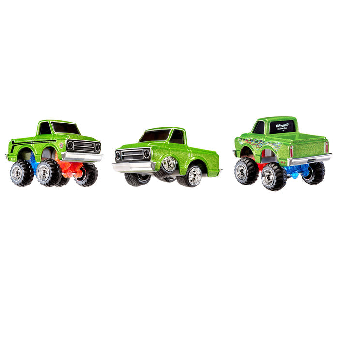 Green pickup truck shown in three different positions on a white background