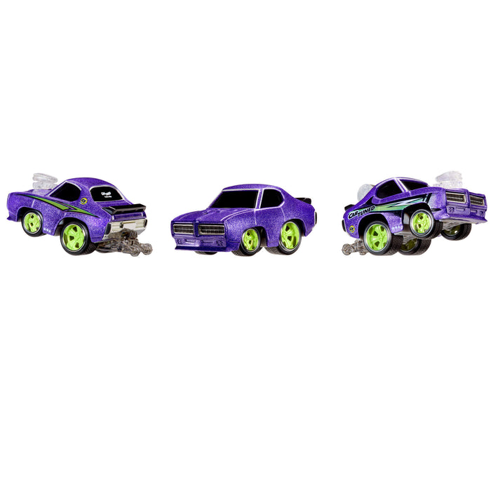 Purple car shown in three different directions on a white background