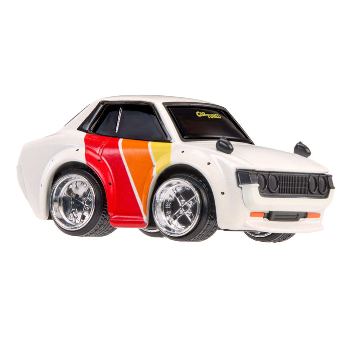 White car with red, orange and yellow stripes on side on a white background