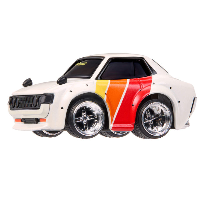 White car with red, orange and yellow stripes on side on a white background