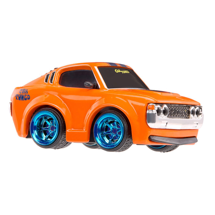Orange toy car with blue wheel rims on a white background