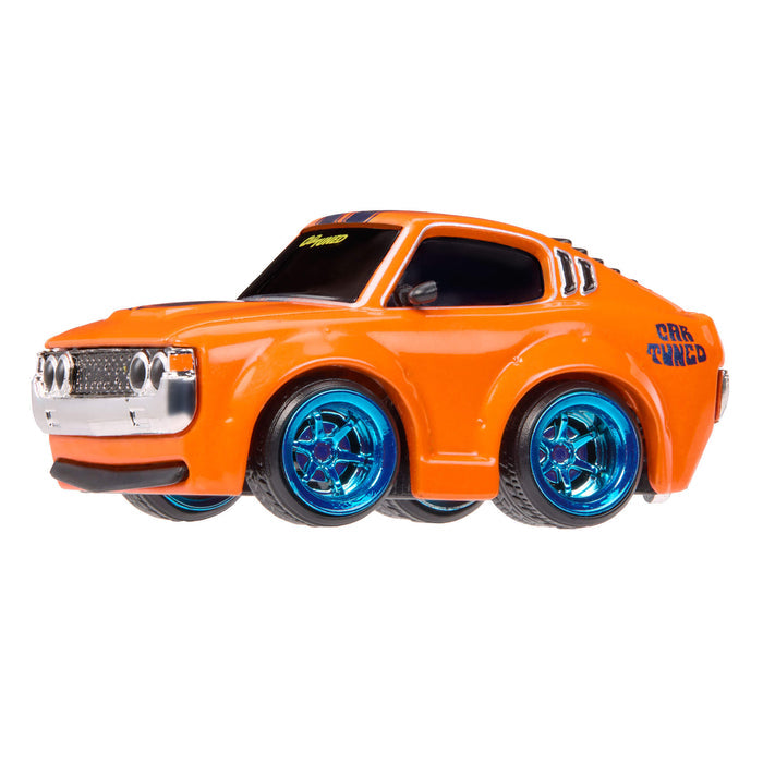 Orange toy car with blue wheels rims on a white background