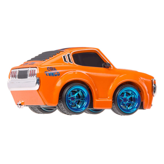 Orange toy car with Car Tuned on back panel on a white background