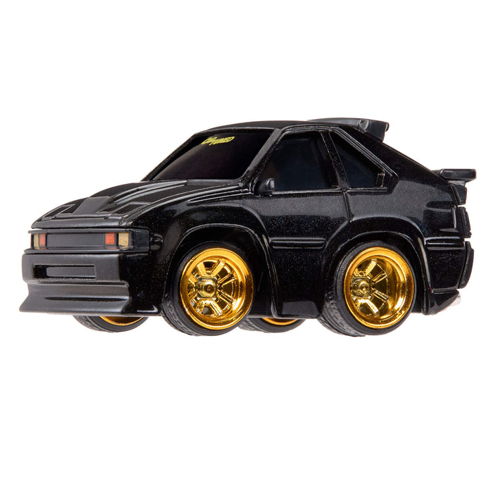 Black car with gold wheel rims on a white background