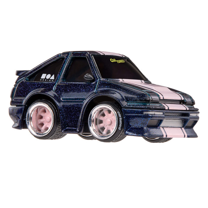 Blue speckled car with pink stripe down middle on a white background