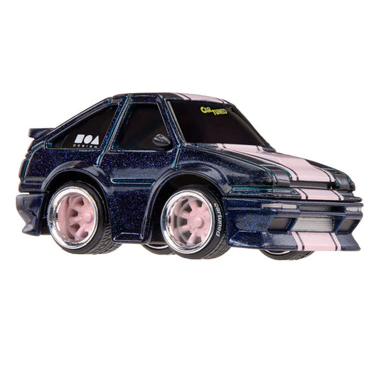 Blue speckled car with pink stripe down middle on a white background
