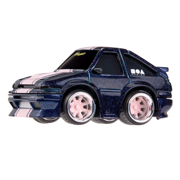 Blue speckled car with pink wheel rims on a white background