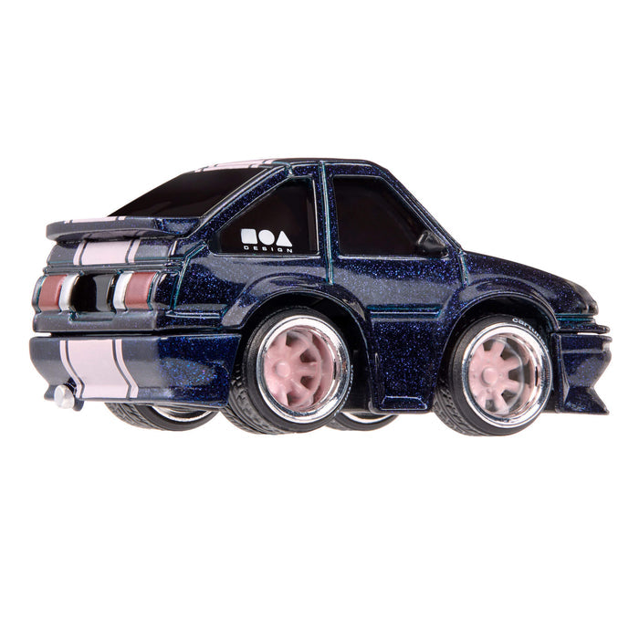 Blue speckled car with pink stripe and pink rims on a white background