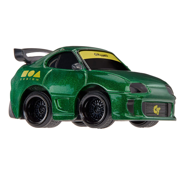 Green toy car with black wheels on a white background