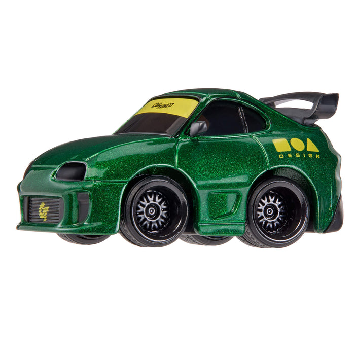 Green toy car with BOA Design branding on a white background