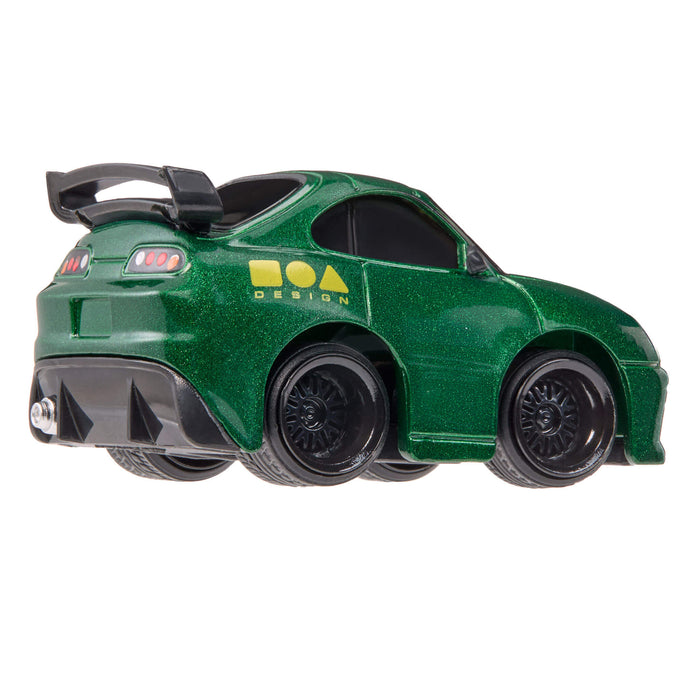 Green toy car with black wheel rims on a white background