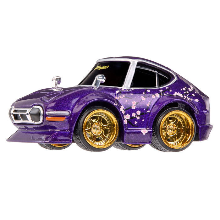 Purple toy car with gold wheel rims on a white background
