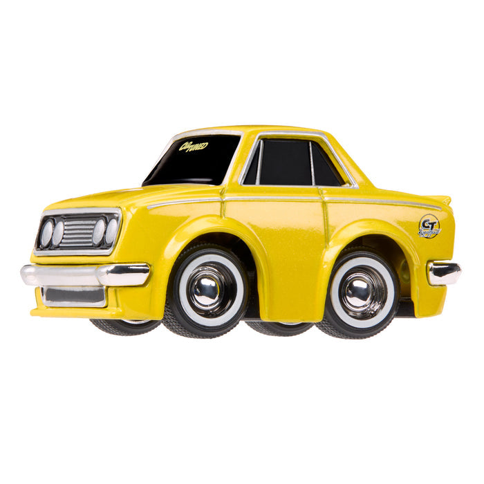 Yellow toy car with black windows on a white background