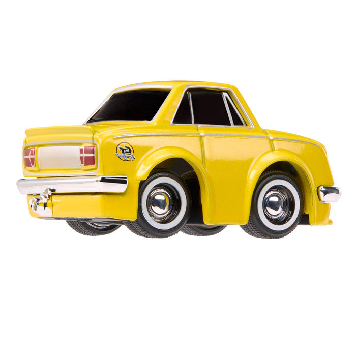 Yellow toy car on a white background