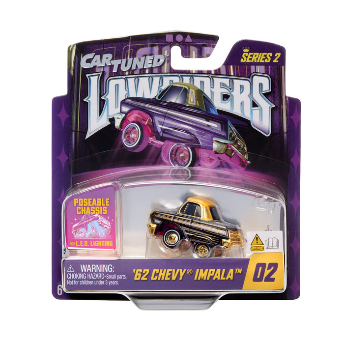 Toy car packaging featuring a '62 Chevy Impala model with purple and yellow design.