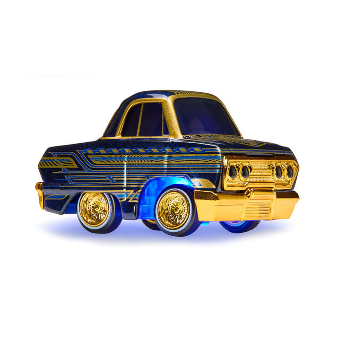 Toy car model with blue and gold finish on a white background
