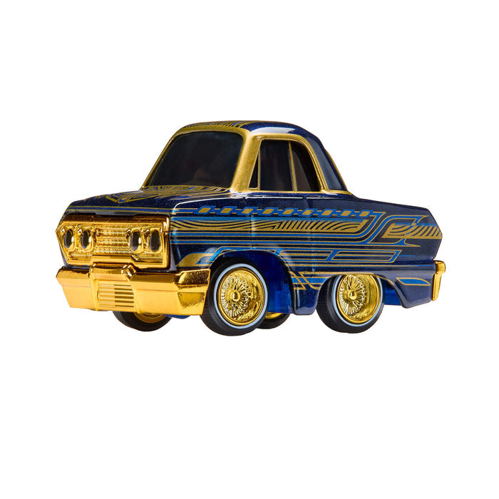 Car with blue and gold color scheme on a white background