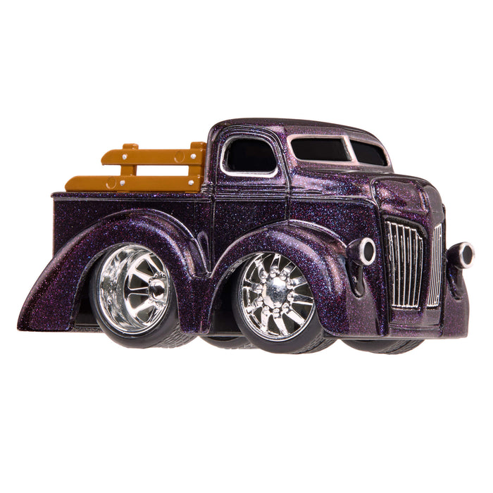 Purple, speckled truck with silver wheel rims on white background