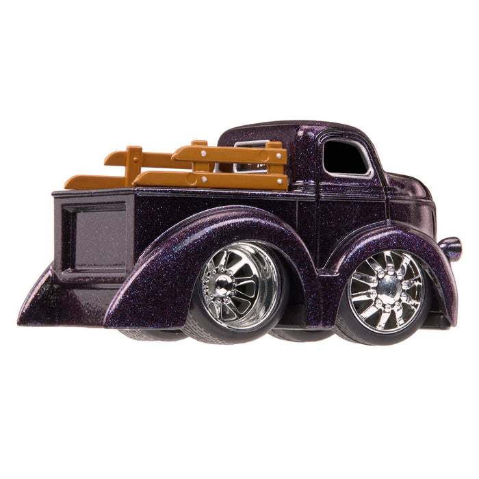 Purple, speckled truck with brown rail on bed on a white background