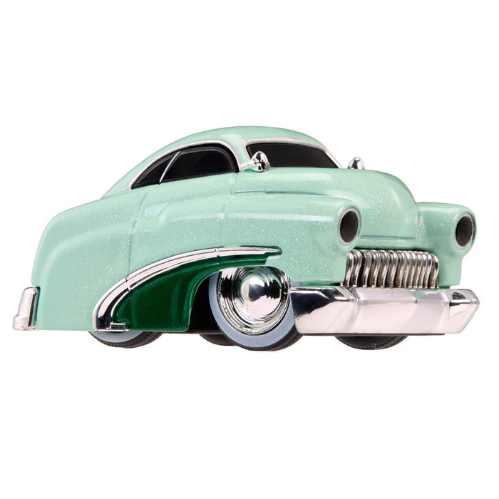 Light green car with dark green on lower door and silver and white wheel rims on white background