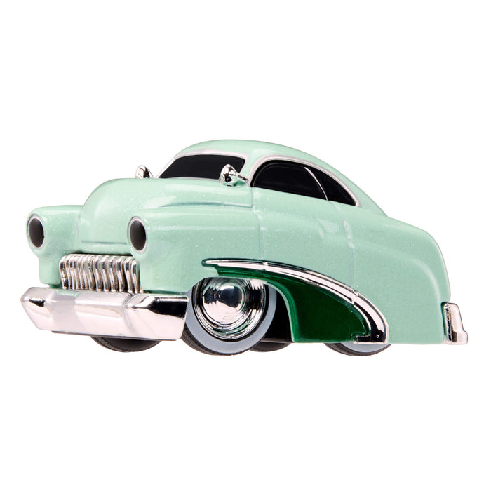 Light green car with dark green on lower door and silver and white wheel rims on white background