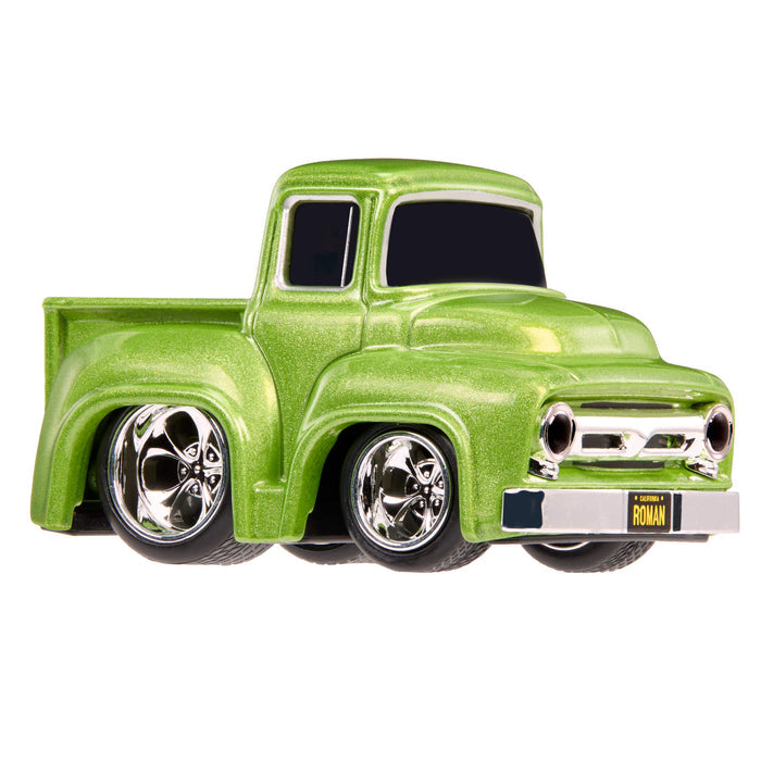 Green truck with silver wheel rims on white background
