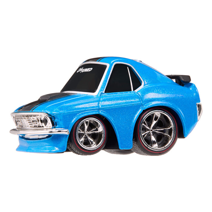 Blue car with silver wheel rims on white background