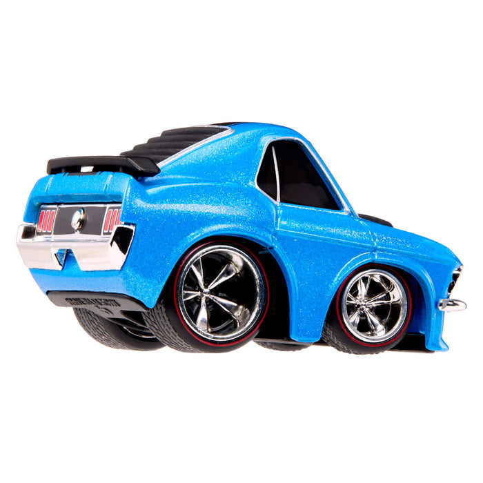 Blue car with silver wheel rims and a black spoiler on white background