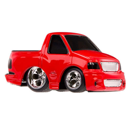 Red truck with silver wheel rims on white background