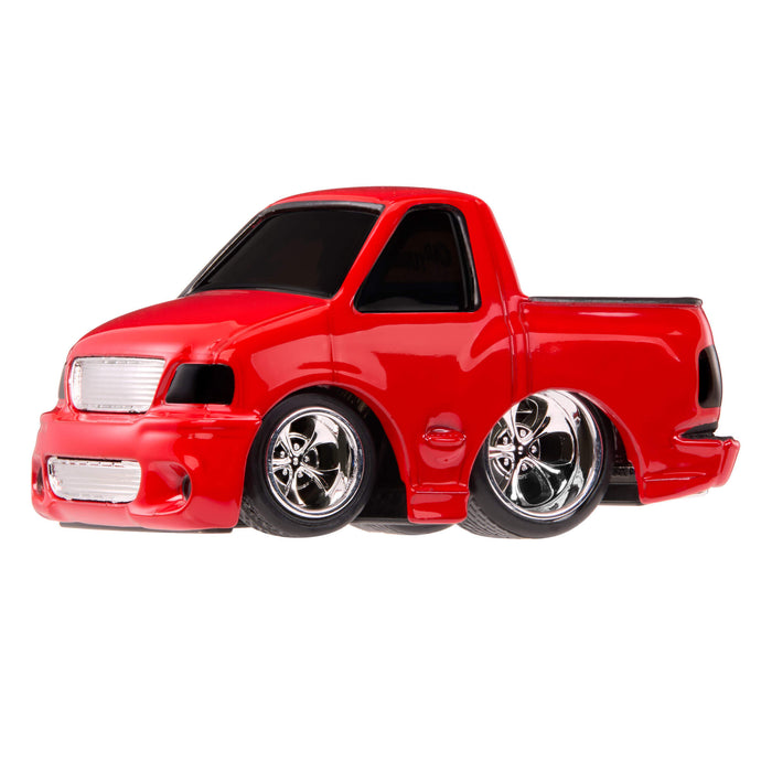 Red truck with silver wheel rims on white background