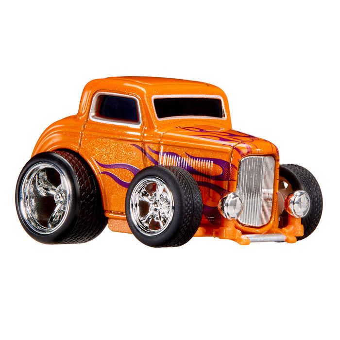 Orange Hot Rod with purple flames on a white background