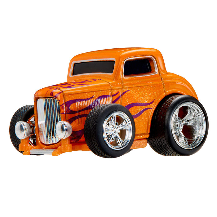 Orange Hot Rod with purple flames, two smaller front wheels on a white background