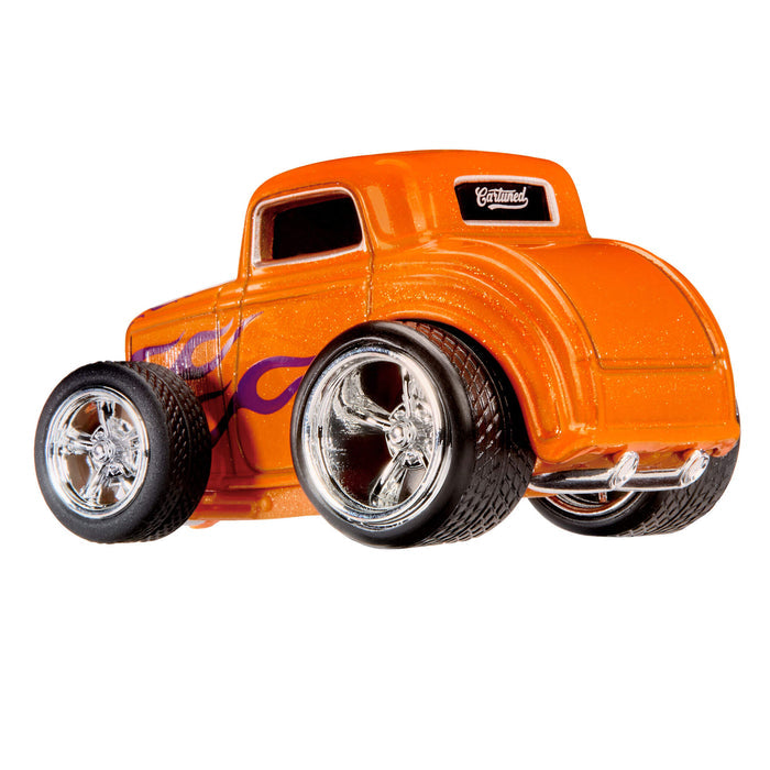 Orange Hot Rod with purple flames on a white background