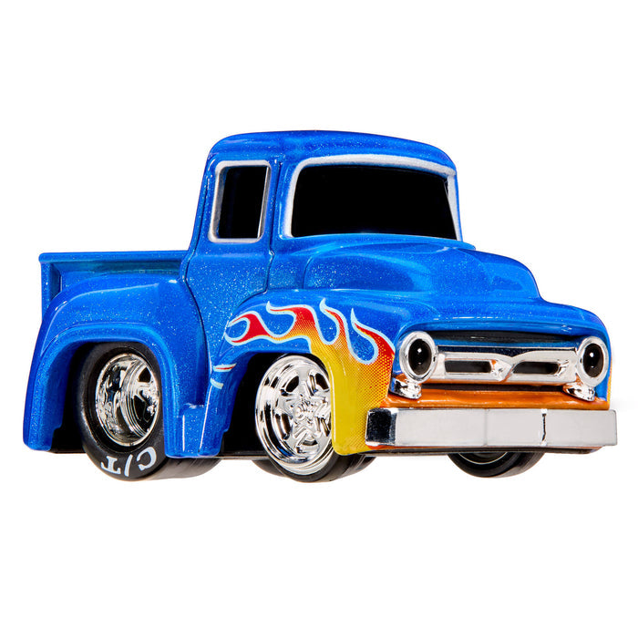 Blue pickup truck with flame decal on front side fender on a white background