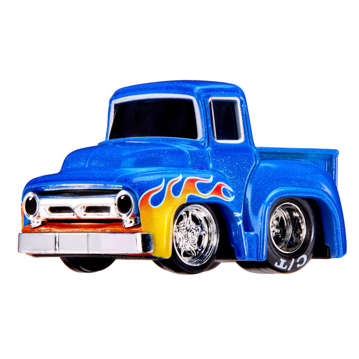 Blue pickup truck with silver wheel rims on a white background