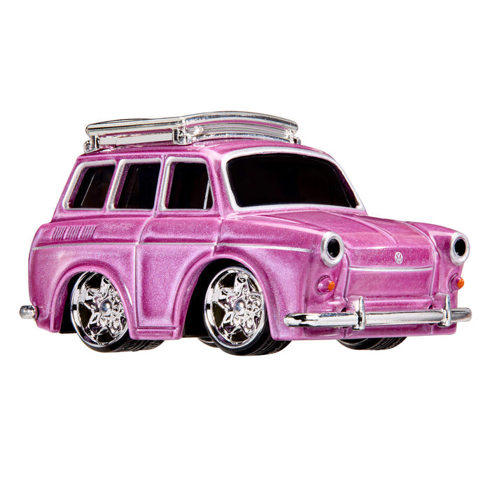 Pink VW "Squareback” with silver wheel rims and silver car carrier on roof on a white background