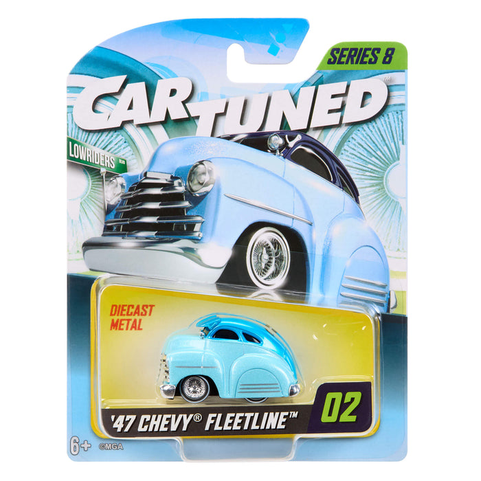 Toy car packaging featuring a blue '47 Chevy Fleetline model
