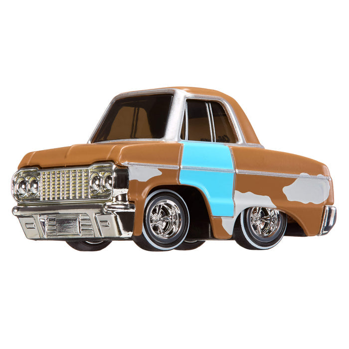 Model car with a brown and blue drivers door on a white background