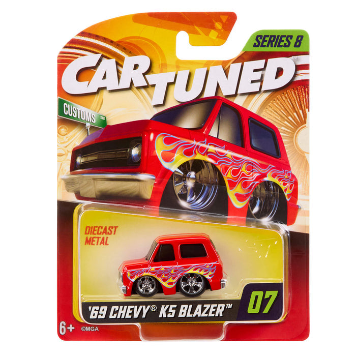 Cartuned '69 Chevy KS Blazer toy car in packaging with flames on a white background
