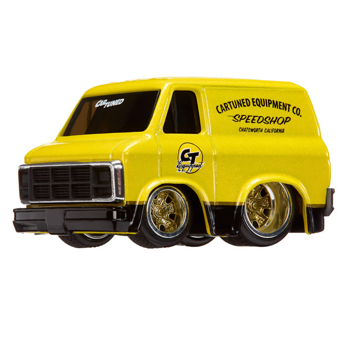 Yellow toy van with black accents and branding on a white background
