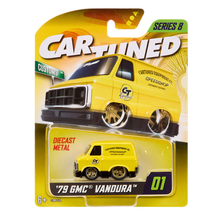 Yellow toy van in packaging with 'Cartuned' branding
