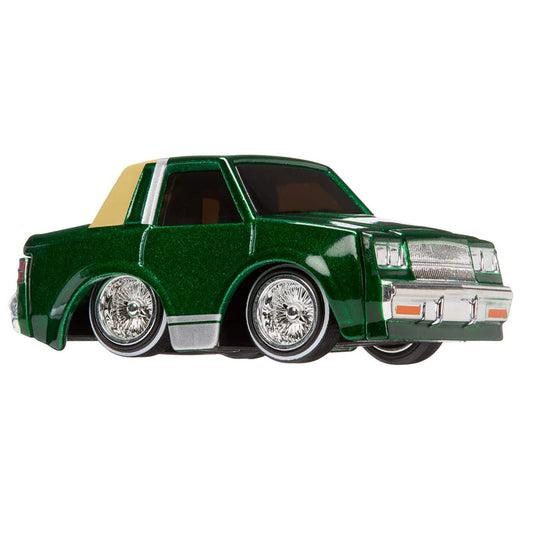 Green toy car with white stripes on a white background