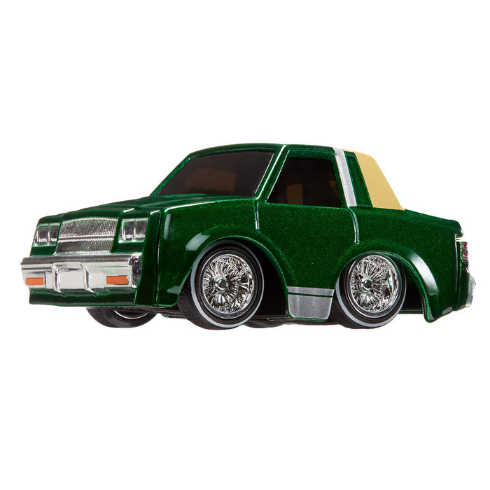 Green toy car with a white stripe on a white background