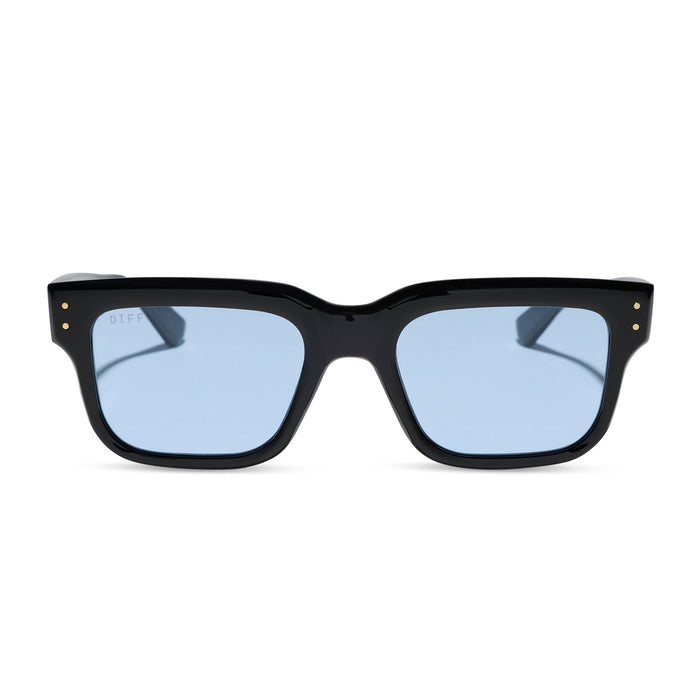 diff eyewear featuring the cash  sunglasses with a black acetate frame and light blue tint lenses front view