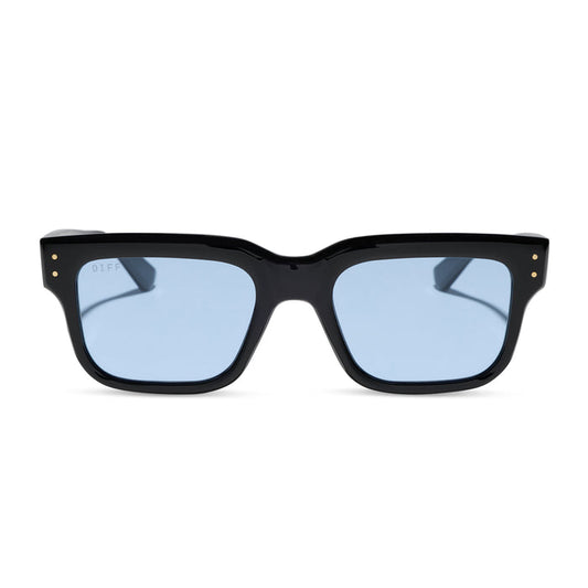diff eyewear featuring the cash  sunglasses with a black acetate frame and light blue tint lenses front view